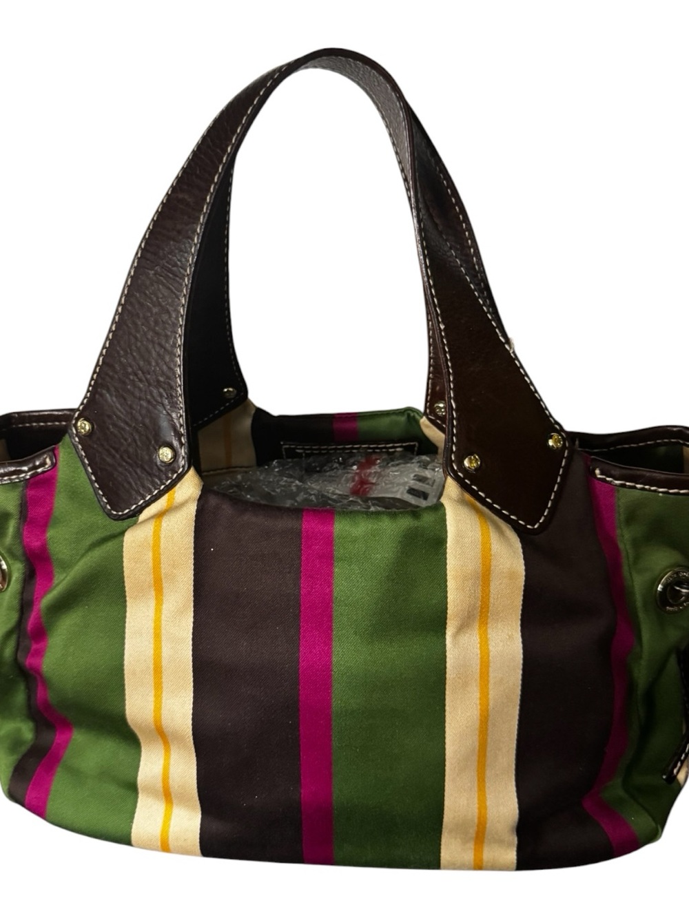 Kate Spade Striped Canvas Tote Bag with Dark Brown Leather Handles